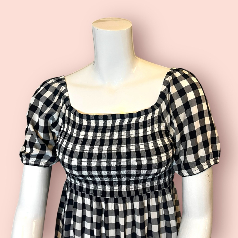 Place Gingham Shirred Ruffle Dress, L, Black White - Picture 3 of 15